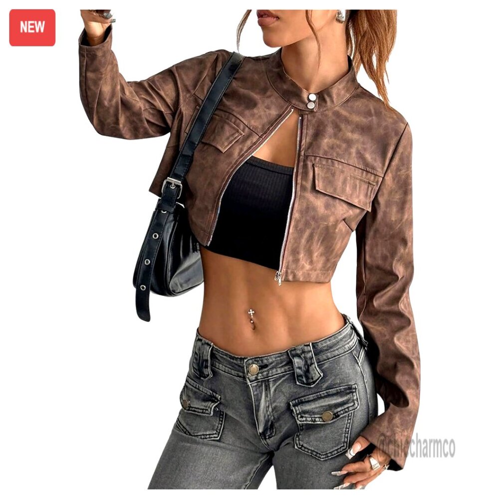 Faux Leather Cropped Jacket Y2K Zip Up Stand Collar Motorcycle Streetwear